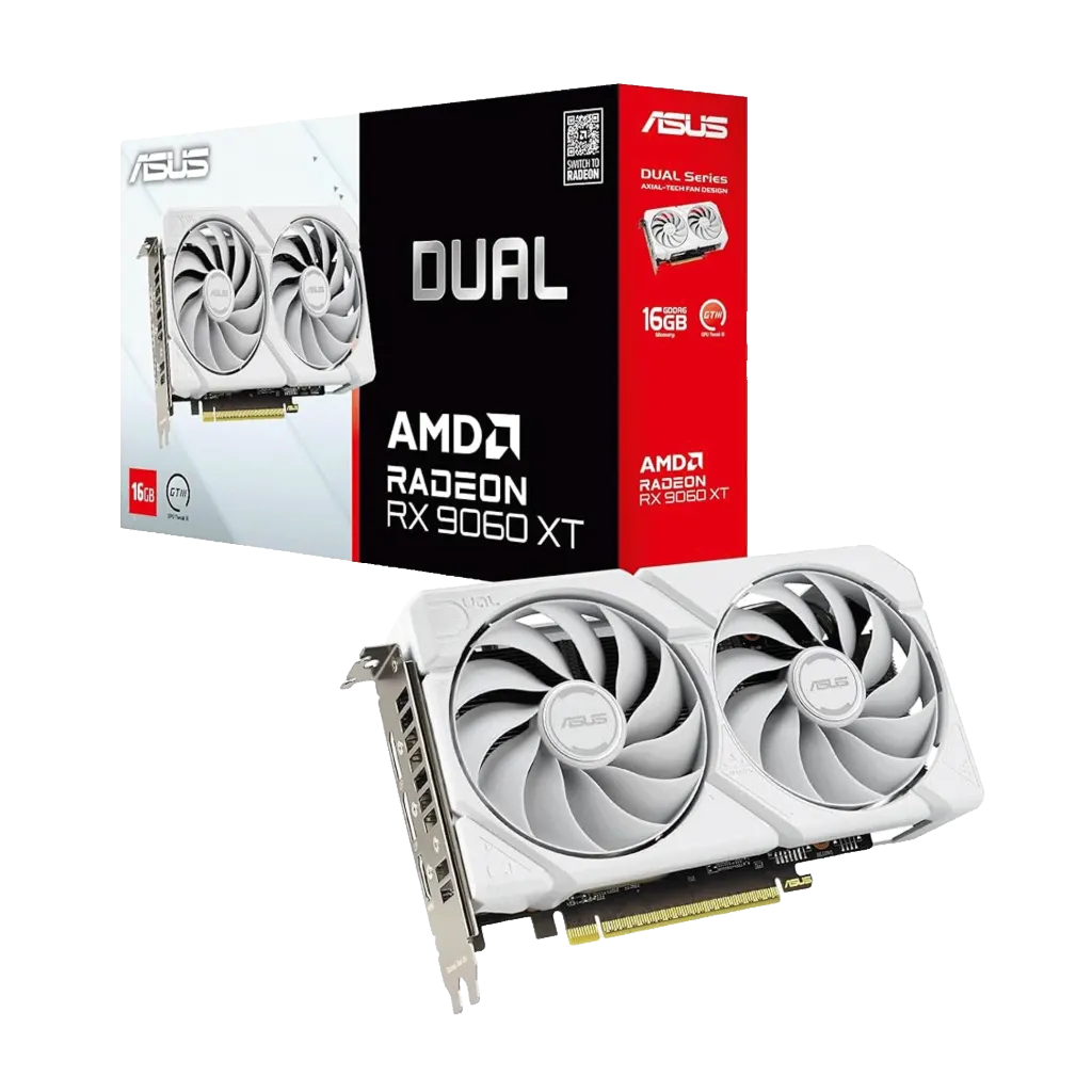 كرت شاشة ASUS Dual Radeon RX 9060 XT بسعة 16GB GDDR6  الإصدار الأبيض